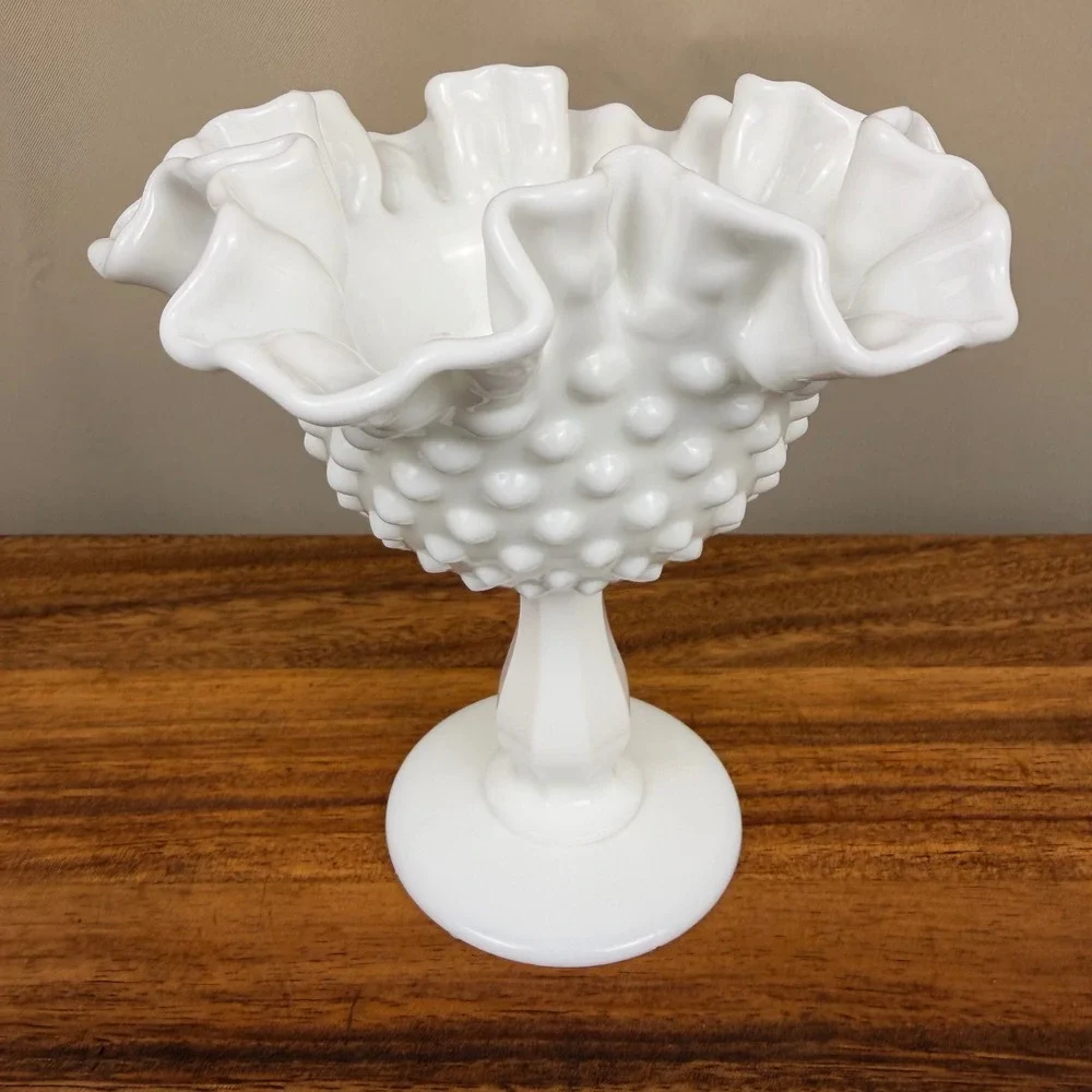 Fenton Milk Glass Hobnail Compote Ruffled Edge Pedestal Bowl Vintage Art Glass